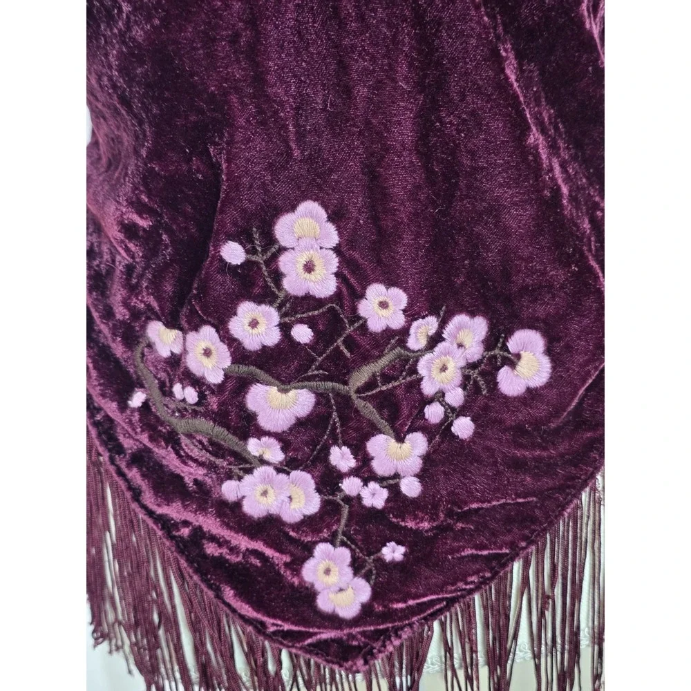 Y2K V-Shape Scarf Wrap Top Velvet Burgundy Tassel Floral